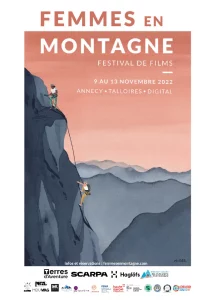 Affiche du festival de films Femmes en montagne qui se déroule à Annecy du 2 au 5 novembre 2023. On y voit une aquarelle représentant une paroi rocheuse avec deux alpinistes encordés.