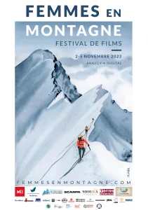 Affiche du festival de films Femmes en montagne qui se déroule à Annecy du 2 au 5 novembre 2023. On y voit une aquarelle représentant une arête enneigée sur une montagne avec trois alpinistes encordés.
