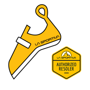 Pictogramme d'un chausson d'escalade Lasportiva et du tampon AUTHORISED RESOLER qui signifie ressemeleur autorisé.