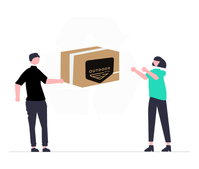 Je reçois un emballage éco conçu pour l'entretien ou la réparation de mon matériel outdoor. Il contient les étiquettes d'expédition aller et retour. Illustration d'une personne qui fait passer un carton à une autre.