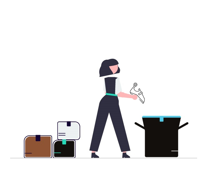 Illustration d'une personne qui met son matériel dans un colis pour l'expédier via Outdoor Fix afin de l'entretenir et de le réparer.