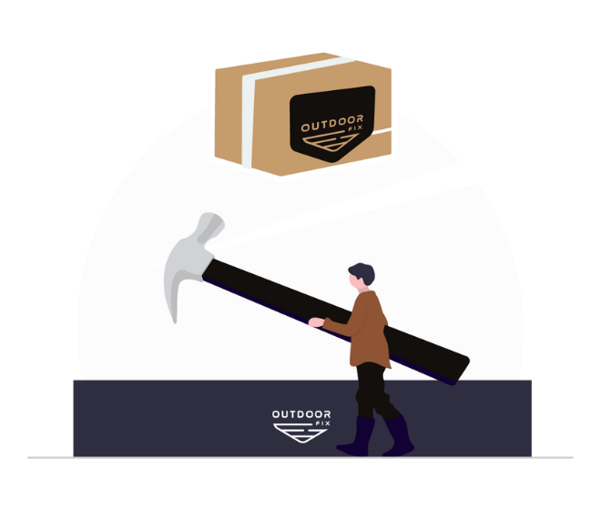 Les ateliers Outdoor Fix entretiennent et réparent le matériel. Illustration d'une personne avec un marteau.