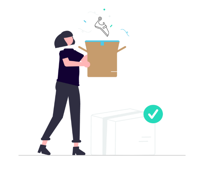 Je reçois mon matériel entretenu comme neuf par Outdoor Fix. Illustration d'une personne qui ouvre son colis et en sort une paire de chaussons d'escalade.